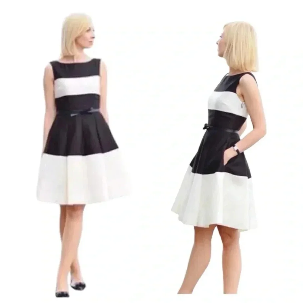 KATE SPADE | Black/White Color Block Fit & Flare Pleated Cocktail Dress Size 4